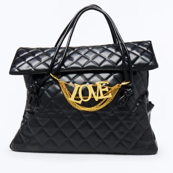 Handbags - •In My Feelings• Quilted Luxe Black Tote Bag with Gold LOVE Chain Charm